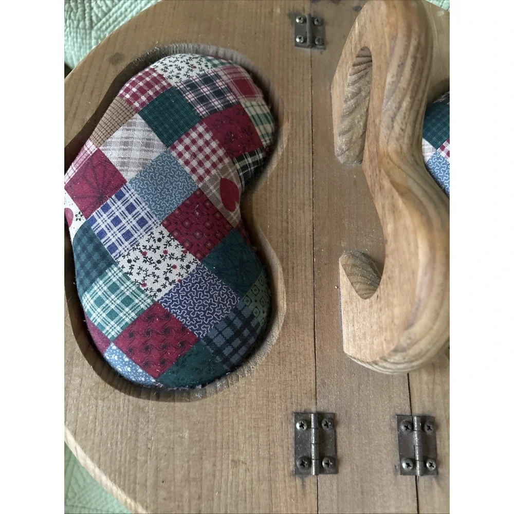 Vintage Bushel Sewing Basket Wooden DuelFlip Top Heart Handle Check Liner 14